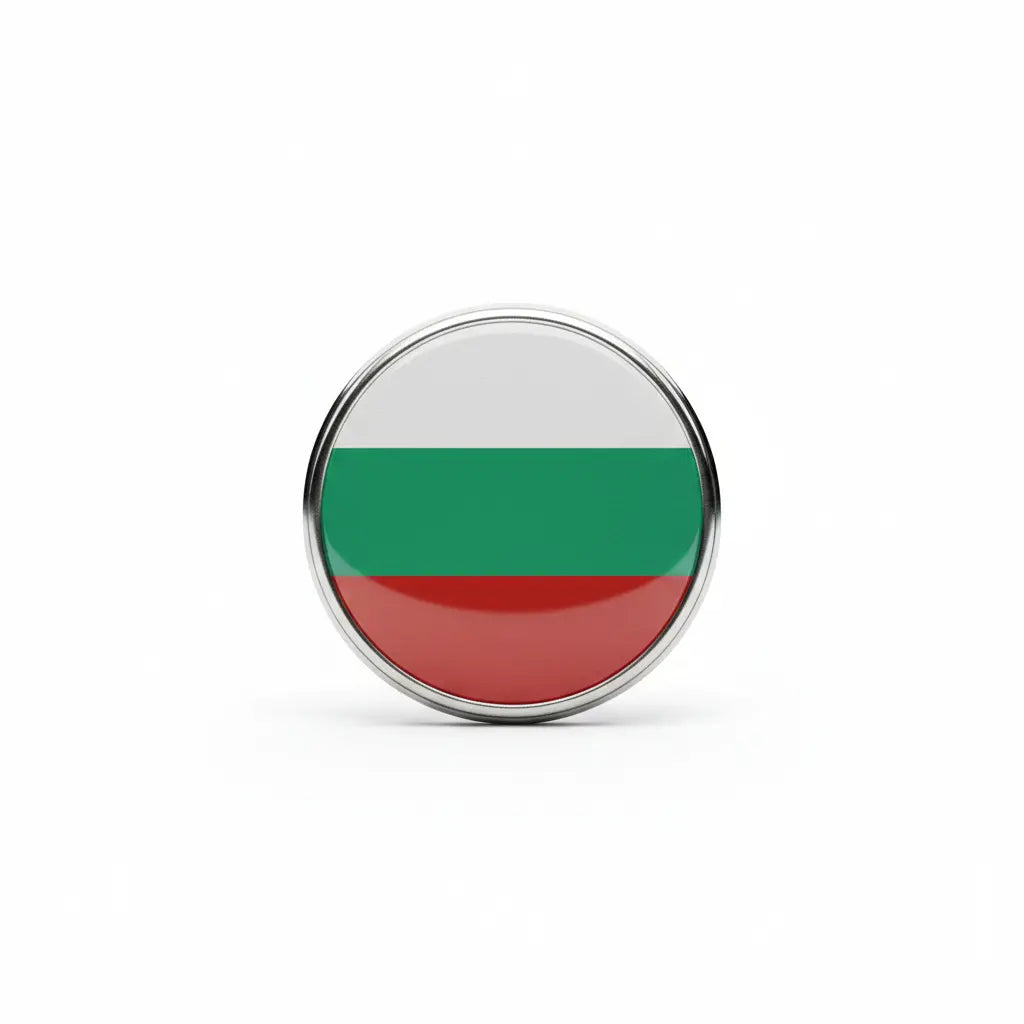 Circular Bulgarian flag enamel lapel pin, silver-tone border