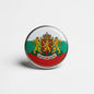Bulgaria crest enamel pin, round metal backing with lion shield and tricolor flag