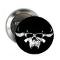 1.25-inch round pinback button with black skull graphic and silver back