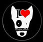 1.25-inch bull terrier pinback button with white dog face and red heart, I love text