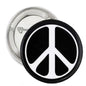 Peace sign pinback button, black peace symbol on white circle with silver edge