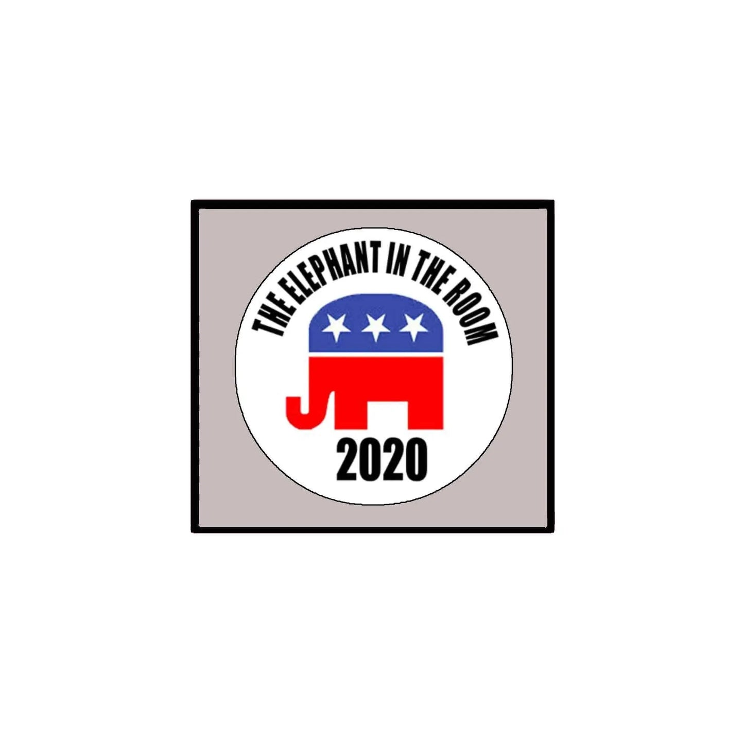 Elephant in the Room 2020 pinback badge, square frame with circular logo