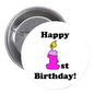 1.25-inch pinback button: white circle with Happy Birthday, 1st, purple candle icon