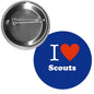 Boy Scouts pinback button: blue circle reading I ♥ Scouts with red heart