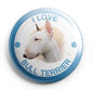 Round pinback button badge with Bull Terrier head and 'I LOVE BULL TERRIER' text