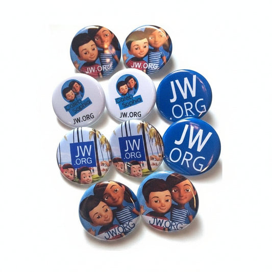2.25-inch Caleb and Sofia Variety Pack JW.org pins and Bible Study Buttons - Bulk Pack of 24