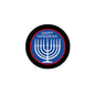 Blue Hanukkah pinback badge with menorah and “HAPPY HANUKKAH” lettering