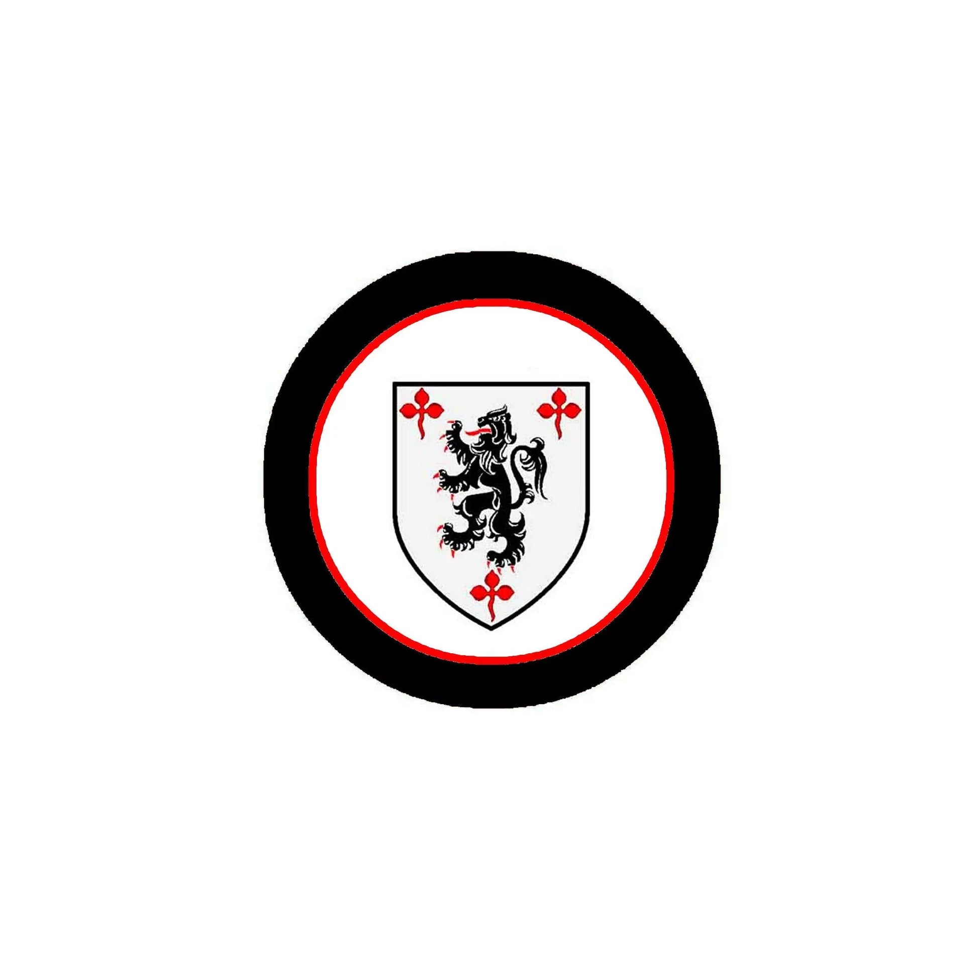 Round pinback badge with black rim, red border, and white crest with lion and red crosses