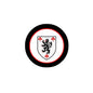 Round pinback badge with black rim, red border, and white crest with lion and red crosses