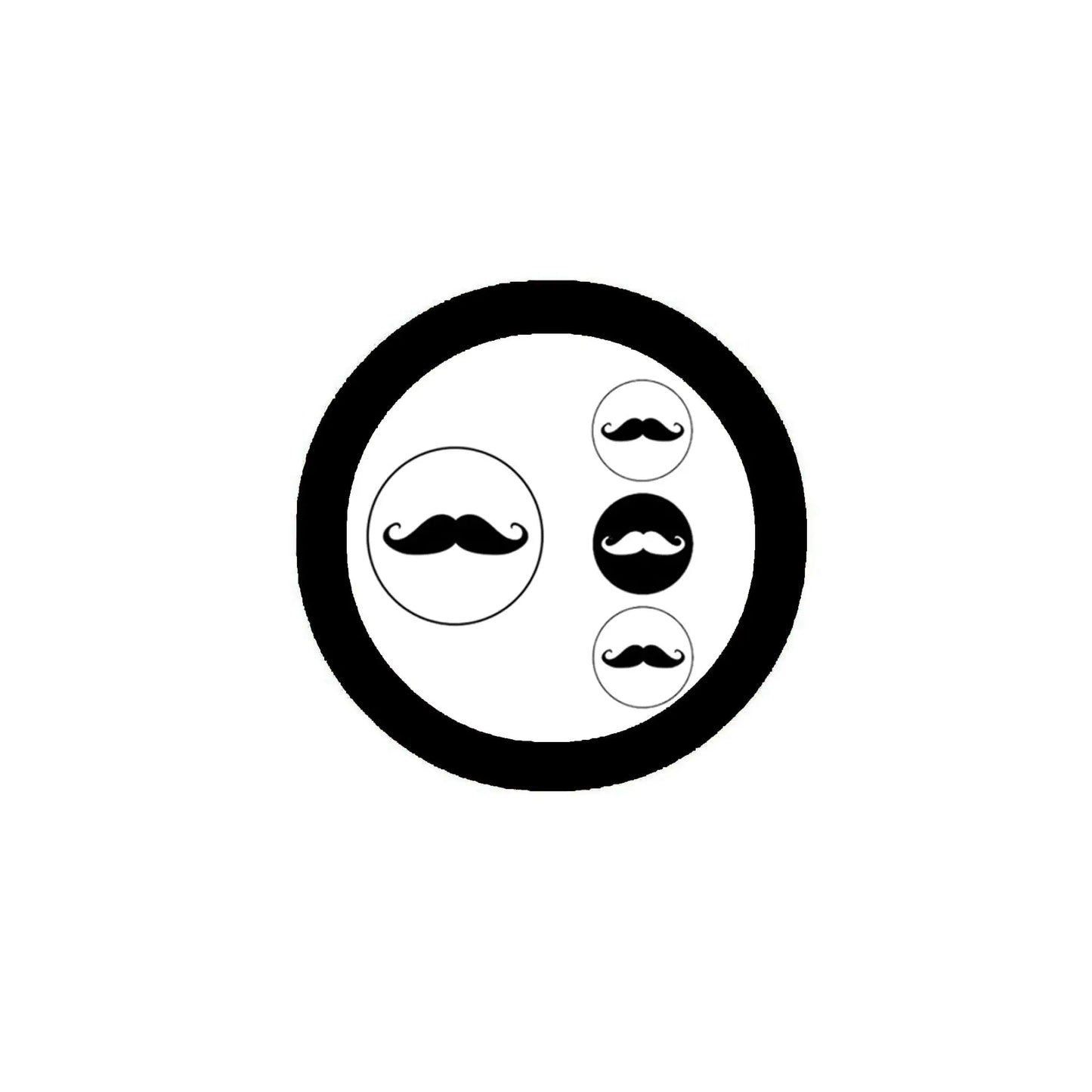 Moustache pinback button set, black circular border with white center and 4 mustache icons