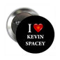2.25-inch pinback button with black face, red heart, and 'I ♥ KEVIN SPACEY' text