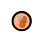2.25-inch pinback button, black rim, orange cartoon, 'I DON'T WORK FOR PEANUTS!'