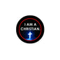 Christian pinback button, black with red ring, I AM A CHRISTIAN text and blue cross