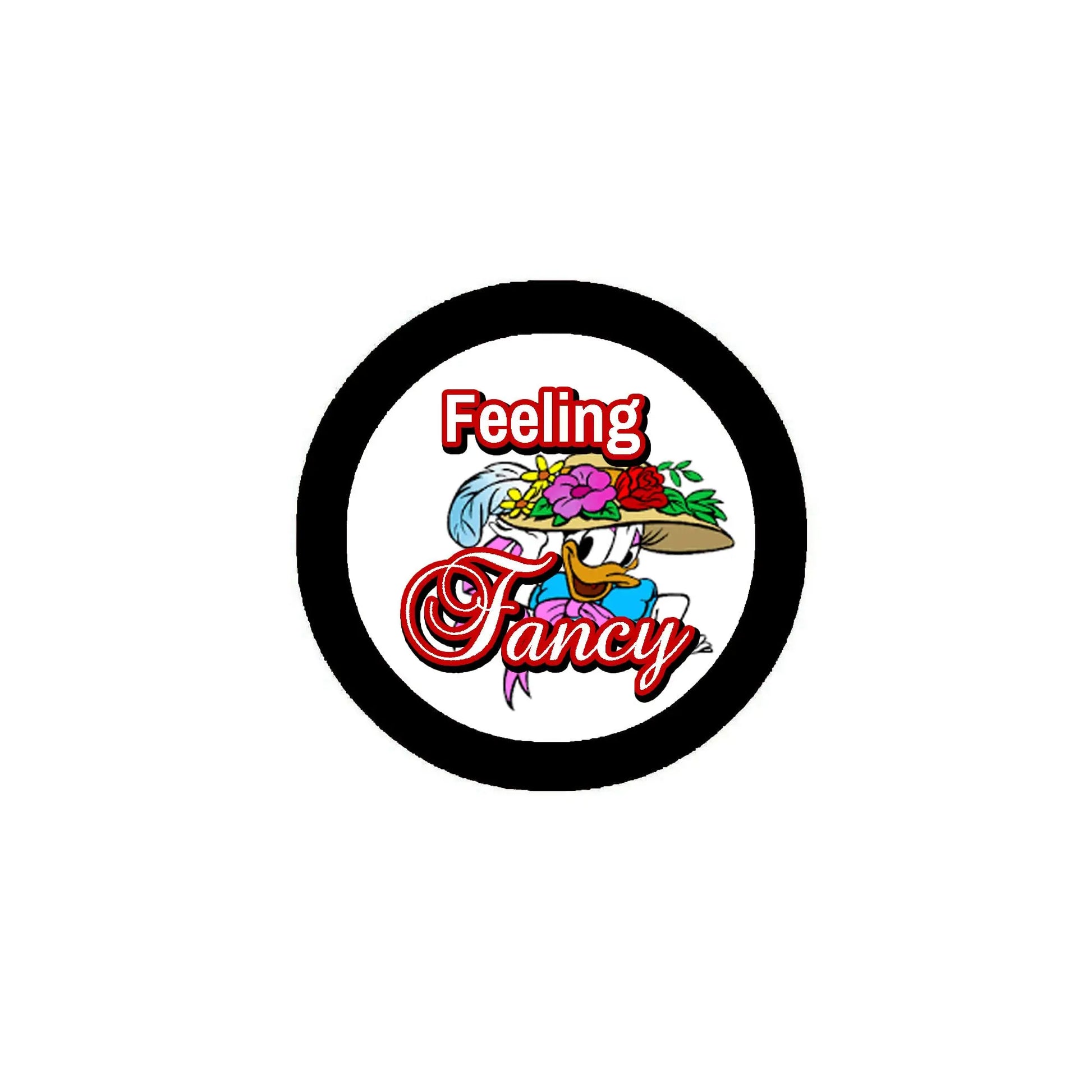 Round black pinback badge with colorful “Feeling Fancy” text and flowers