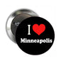 I Love Minneapolis pinback badge with red heart and black background