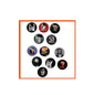 Set of circular bride pinback buttons with Dracula and Frankenstein character faces