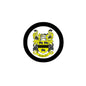 Round family crest coat-of-arms magnet with black border and yellow shield, AUDLEY text