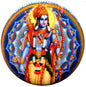 Circular pinback button featuring blue-skinned Vishnu-like deity holding staff, ornate details