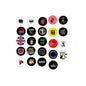 Set of round punk music pinback buttons with colorful graphic designs