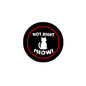 Round black pinback button with red border, white cat silhouette and text