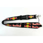 Black RedBull lanyard ID holder with key clip and buckle, patterned with RedBull logos