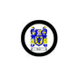 Round coat of arms pin badge with blue shield crest and ornate yellow details, black rim