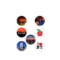 Set of round New York pinback keychains with skyline and icon designs, assorted colors