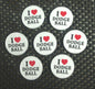 Round pinback buttons with "I ♥ DODGE BALL" text, set of 6