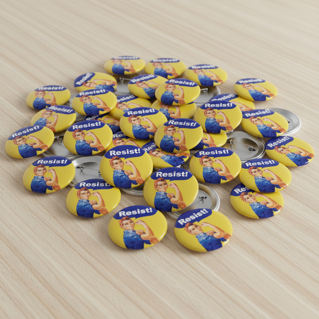 Rosie the Riveter style pinback buttons set, yellow oval with 'Resist' text.