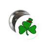 2.25-inch round pinback button with green shamrock and small hat design
