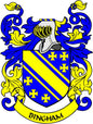 Family crest coat arms magnet, blue and yellow heraldic shield with cross symbols, 3-inch