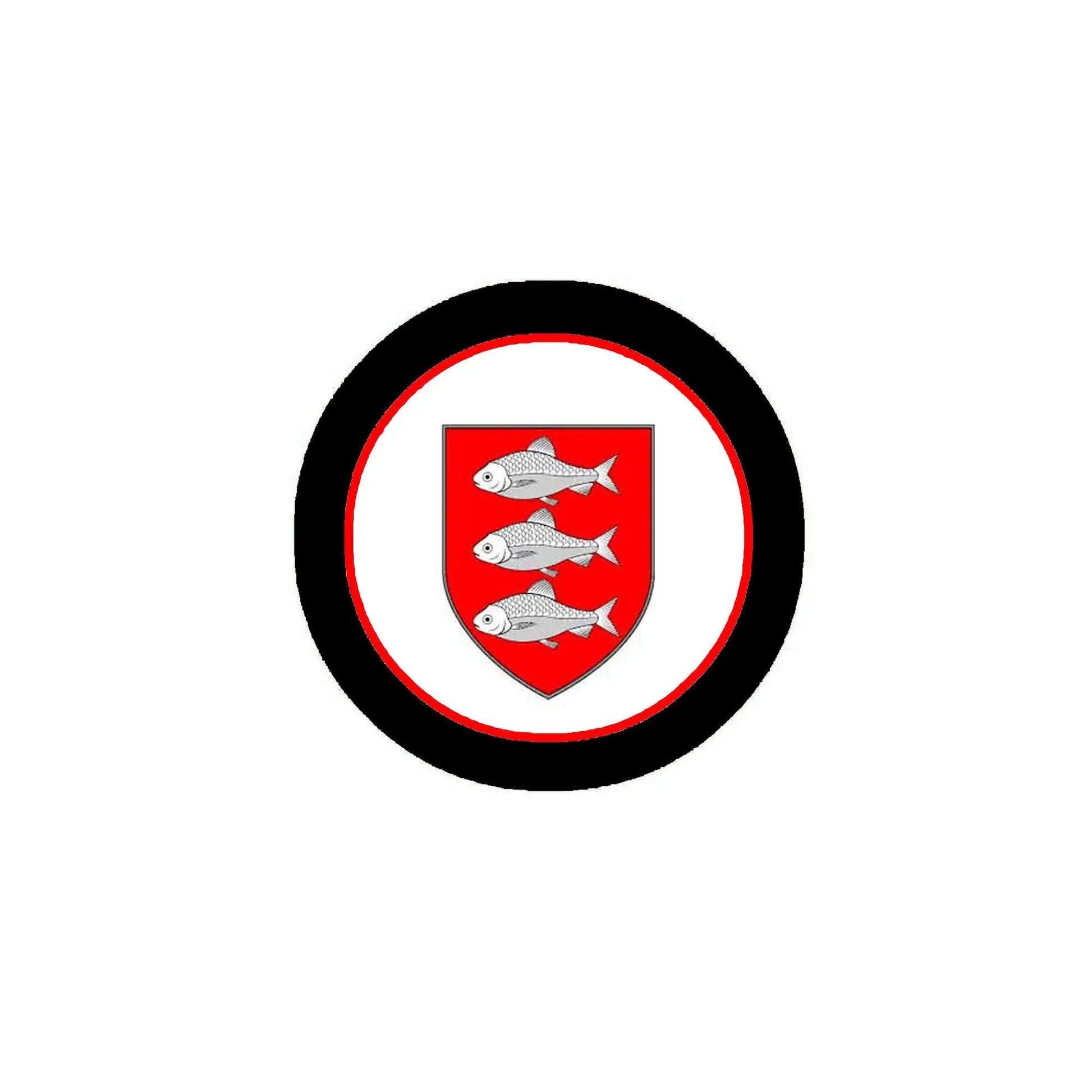3-inch circular coat of arms magnet with black rim and red shield featuring three fish