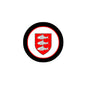 3-inch circular coat of arms magnet with black rim and red shield featuring three fish