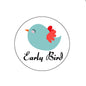 Retractable badge reel with circular Early Bird logo: teal bird with red bow, white background