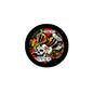 Round 2.25-inch pinback badge with black rim and colorful New York City graphic