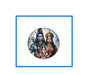 Circular enamel-style pin badge with Shiva, Uma, and Ganesh deity artwork