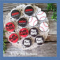 Baseball-themed round pin buttons, red and black text 'Play Hard' and 'Play to Win'