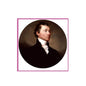 Round pinback badge with a painted portrait of a man in dark coat and white cravat