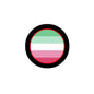Round pinback button with black rim and circular abrosexual flag stripe design