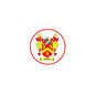 Circular red-and-gold family crest magnet with shield and wings, text ARTHUR HB