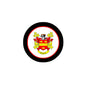 Circular Beckett family crest arms magnet with black rim and red inner border