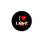 Round black soccer pinback button with “I ♥ LOVE” and small soccer ball graphic