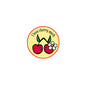 Round yellow cherry slogan button pinback with red cherries, green leaves, and white flower