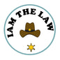 2.25-inch cowboy pinback button, circular design with “THE LAW” text, hat and star emblem