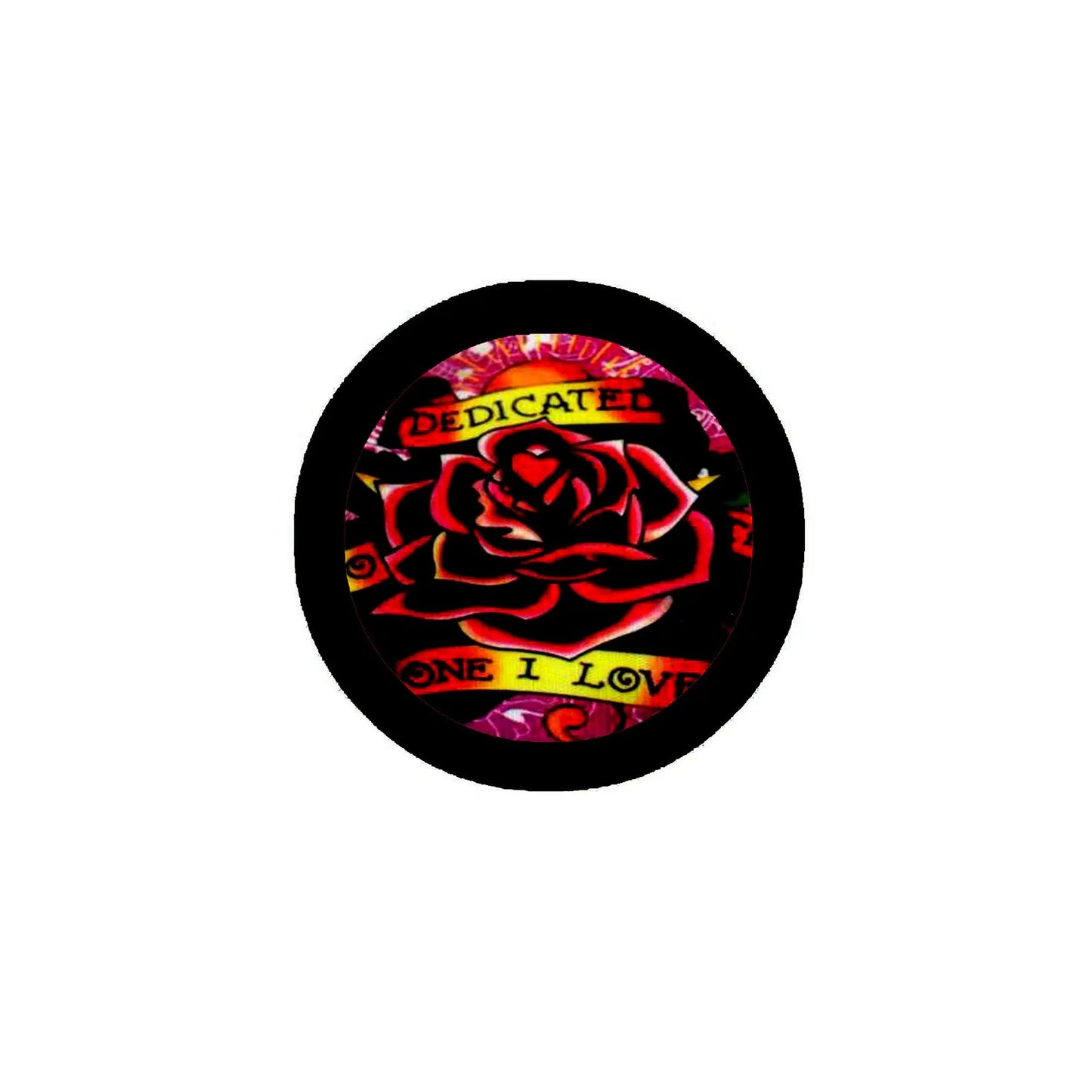 Round rose graphic pinback badge with black border, red rose and “ONE I LOVE” text