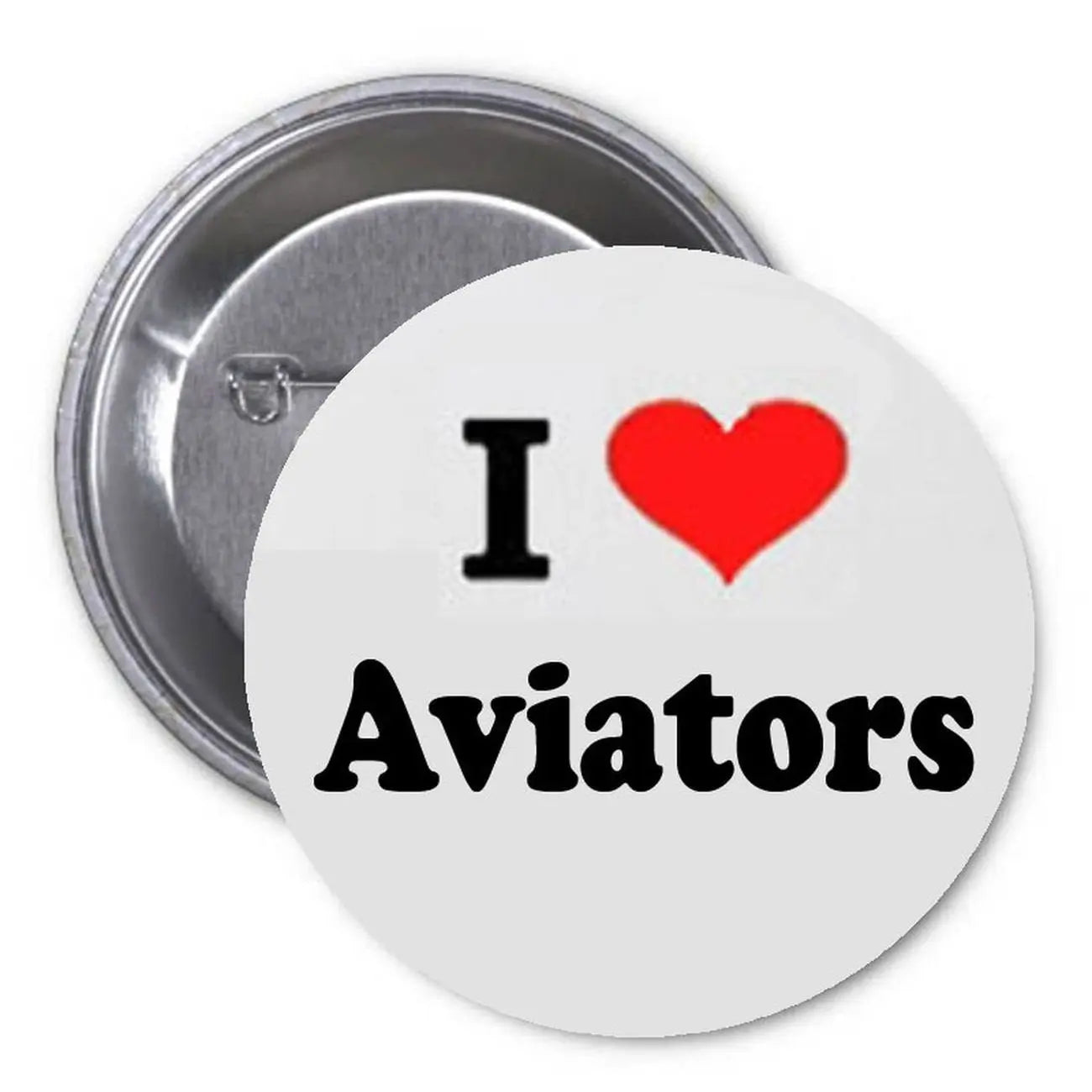 Round pinback button with I heart Aviators text and red heart