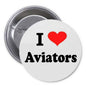 Round pinback button with I heart Aviators text and red heart