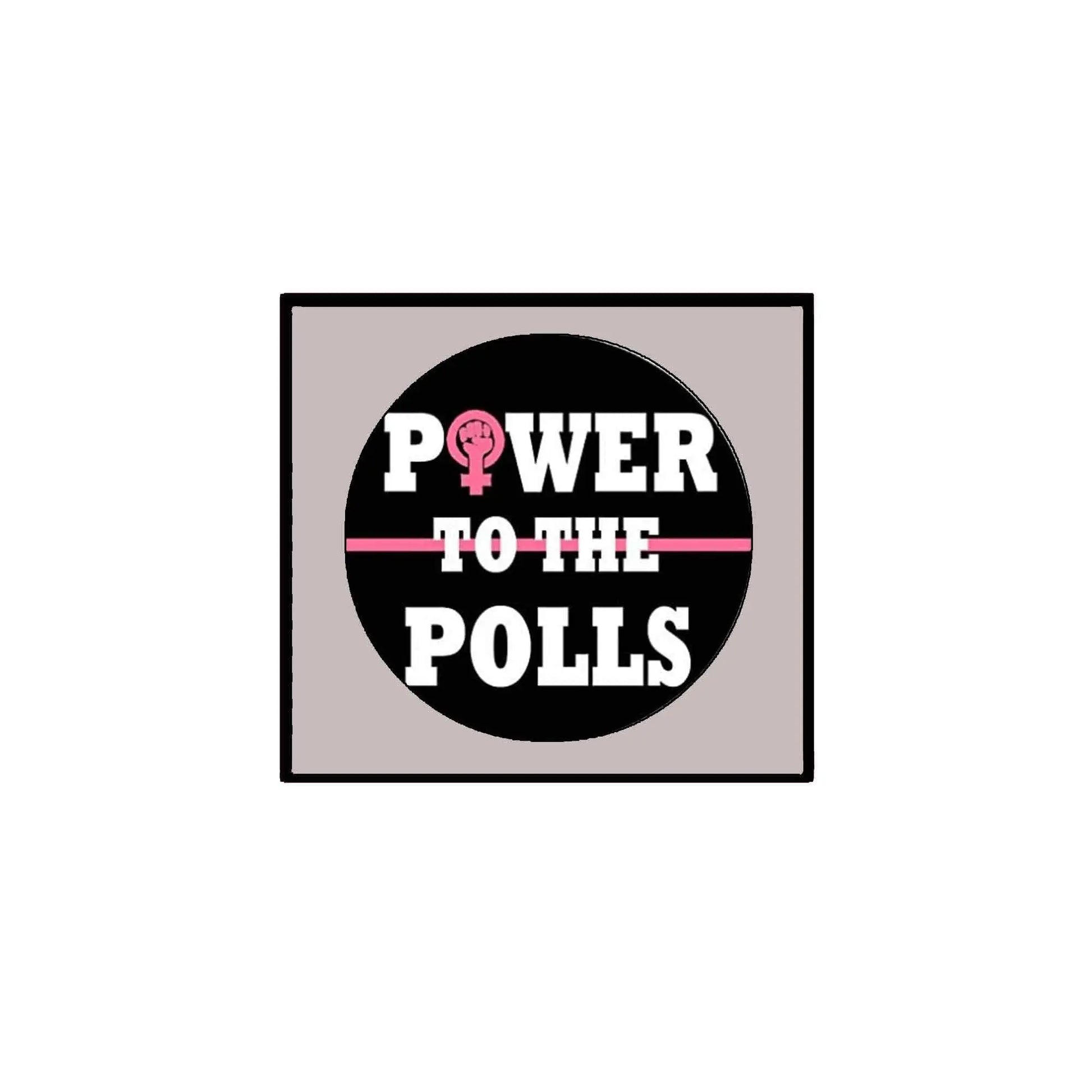 Power to the Polls pinback button: black circle with slogan text and voting icons