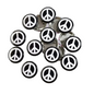 A group of round black and white peace sign lapel pins with silver metal backing, arranged on a checkered gray background with a blue border.