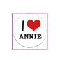 Circular I Love Annie pinback badge with red heart and black ANNIE text